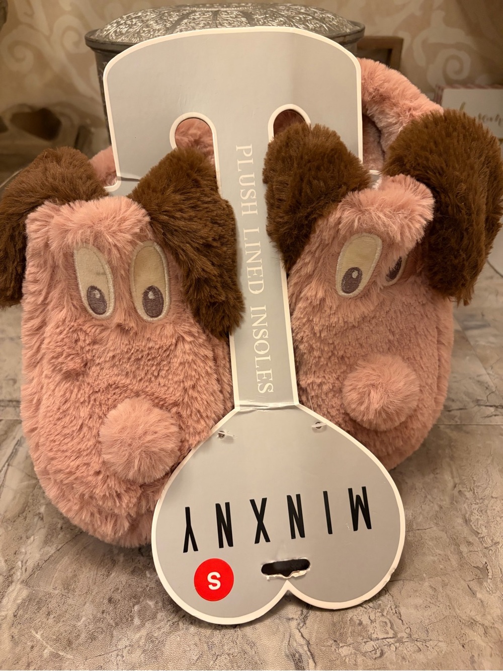 Plush Puppy Slip-On Slippers for Women — Pink and Brown